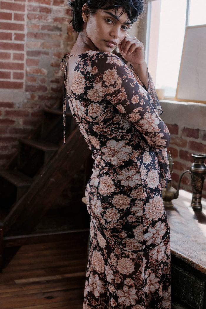 Festive Flowers Floral Mesh Bell-Sleeve Maxi Dress - ShopPromesa