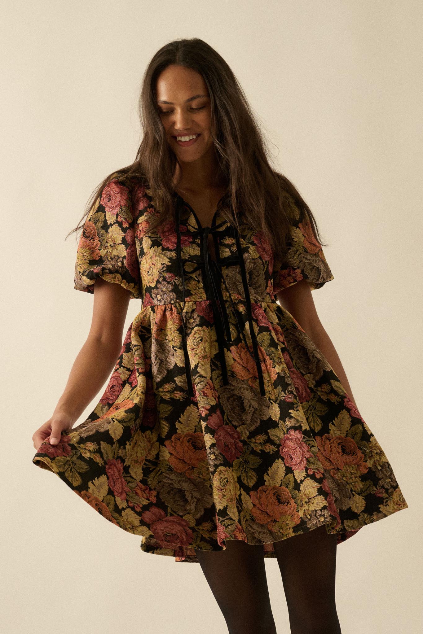 Sunset Harvest Floral Tapestry Babydoll Mini Dress Black / S Sunset Harvest Floral Tapestry Babydoll Mini Dress Black / S