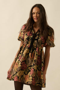 Sunset Harvest Floral Tapestry Babydoll Mini Dress - ShopPromesa
