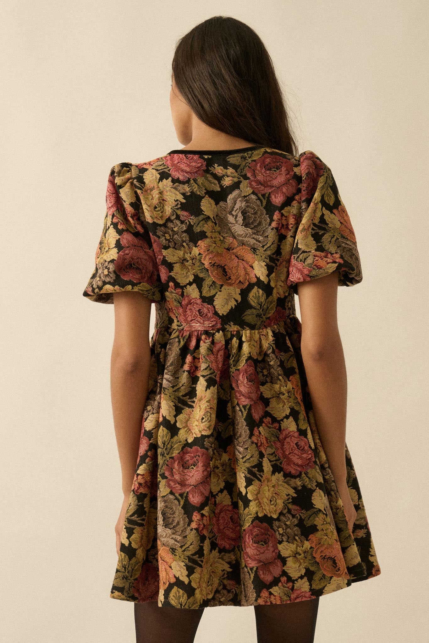petal tapestry mini dress Sunset Harvest Floral Tapestry Babydoll Mini Dress, Black / S