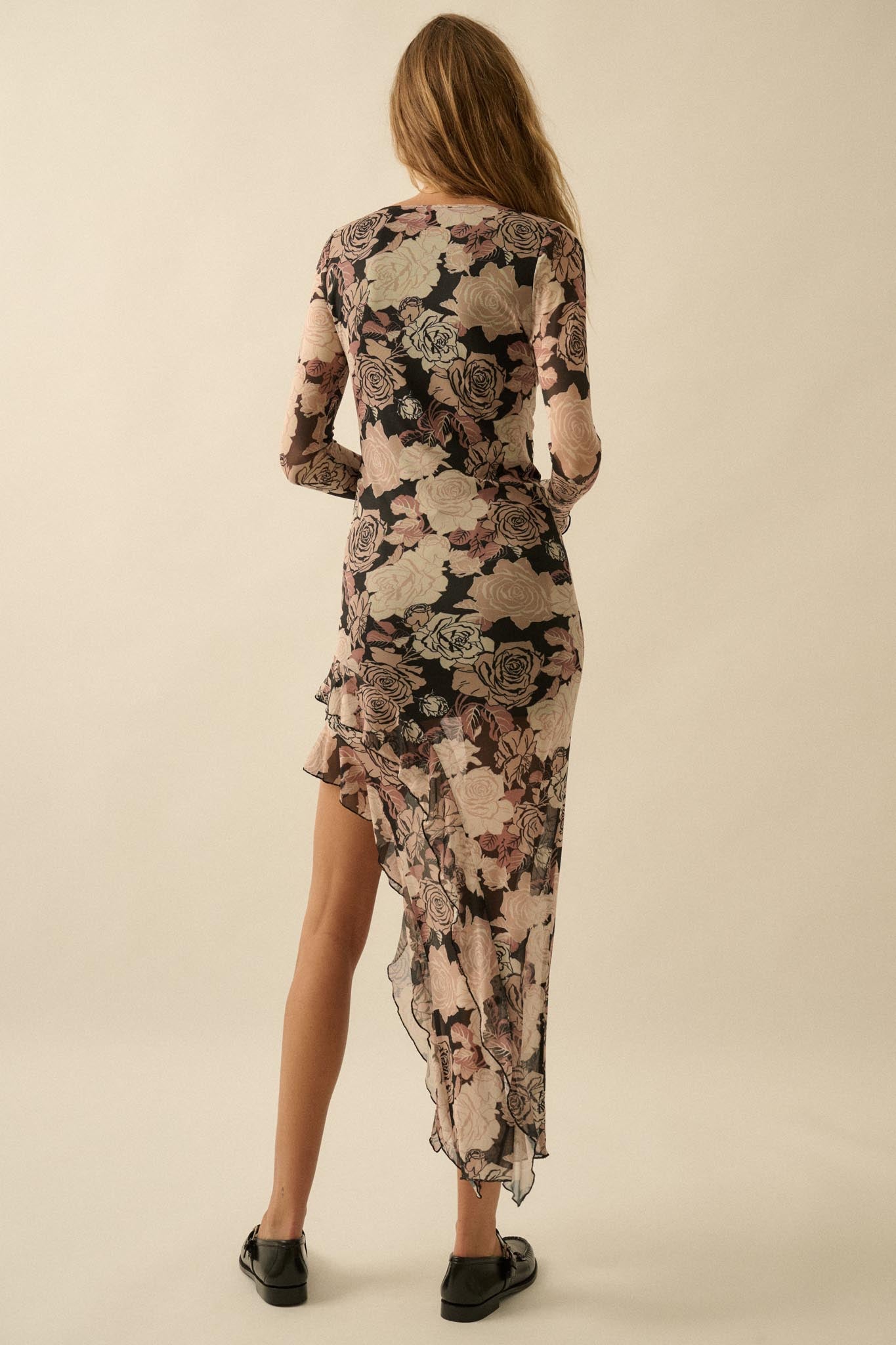 Dusk Roses Floral Mesh Asymmetrical Maxi Dress - ShopPromesa