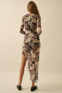 Dusk Roses Floral Mesh Asymmetrical Maxi Dress - ShopPromesa