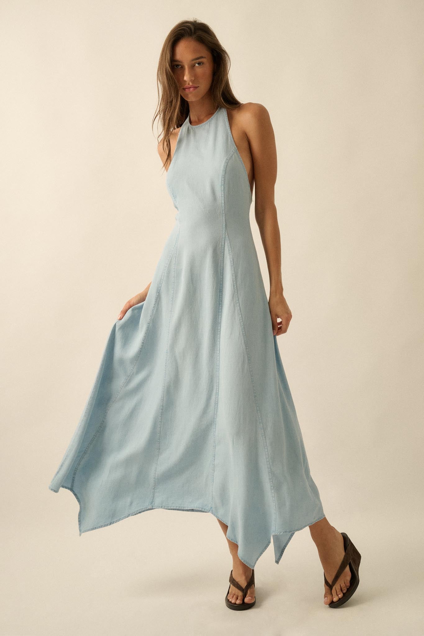 Kiss the Sky Denim Halter Handkerchief Maxi Dress - ShopPromesa