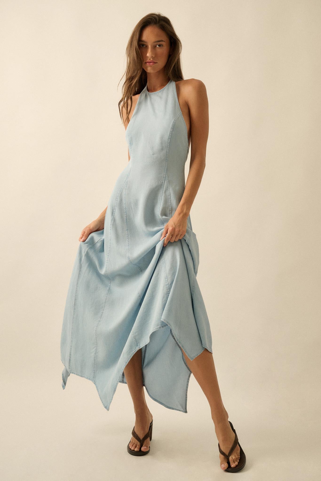 Kiss the Sky Denim Halter Handkerchief Maxi Dress - ShopPromesa
