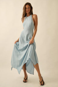 Kiss the Sky Denim Halter Handkerchief Maxi Dress - ShopPromesa