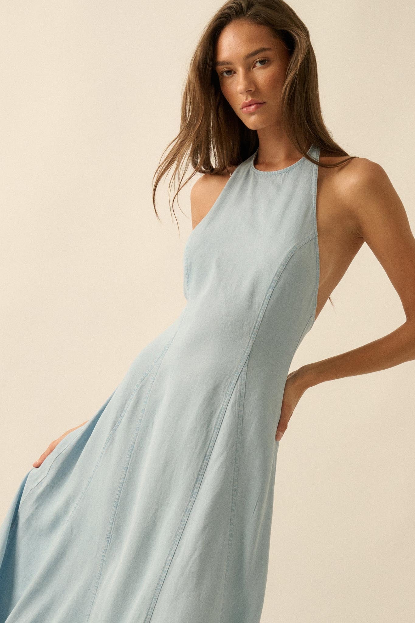 Kiss the Sky Denim Halter Handkerchief Maxi Dress - ShopPromesa