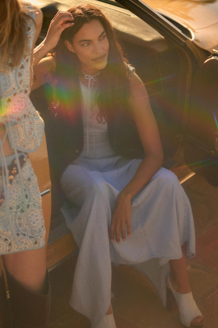 Kiss the Sky Denim Halter Handkerchief Maxi Dress - ShopPromesa