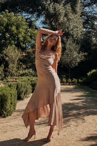 Silky Sashay Textured Satin Asymmetrical Midi Dress - ShopPromesa