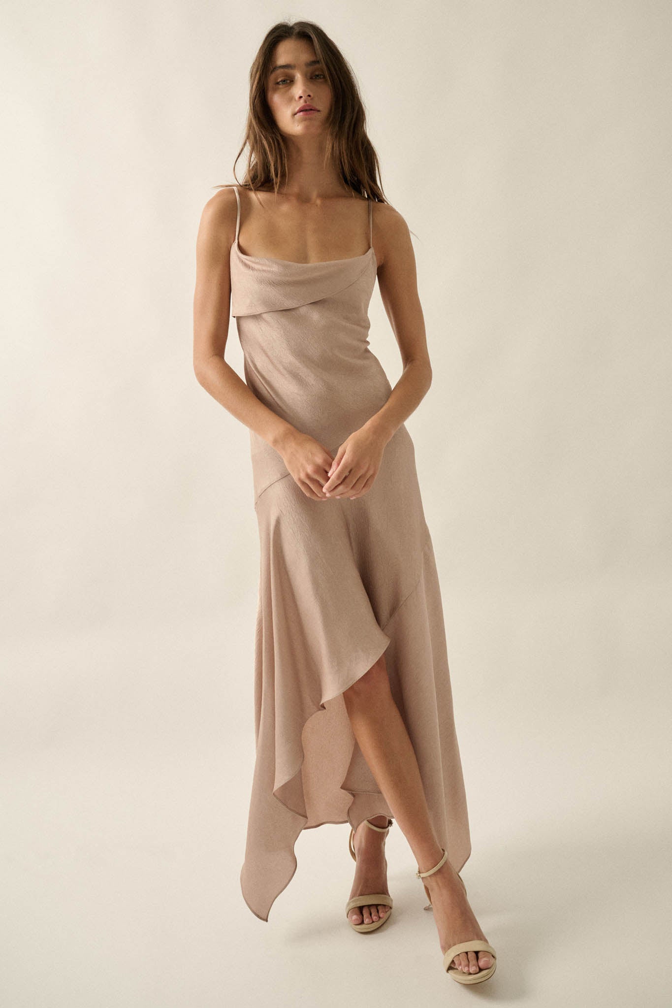 Silky Sashay Textured Satin Asymmetrical Midi Dress - ShopPromesa