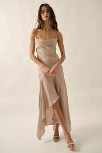 Silky Sashay Textured Satin Asymmetrical Midi Dress - ShopPromesa