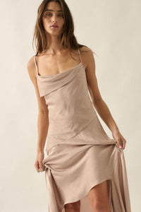 Silky Sashay Textured Satin Asymmetrical Midi Dress - ShopPromesa