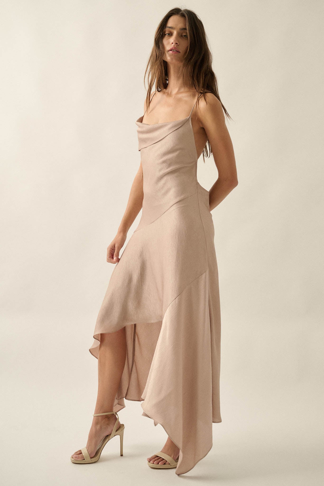Silky Sashay Textured Satin Asymmetrical Midi Dress - ShopPromesa