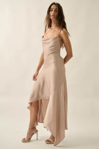 Silky Sashay Textured Satin Asymmetrical Midi Dress - ShopPromesa