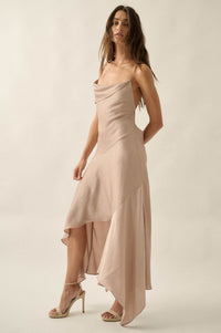 Silky Sashay Textured Satin Asymmetrical Midi Dress - ShopPromesa