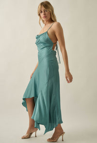 Silky Sashay Textured Satin Asymmetrical Midi Dress - ShopPromesa