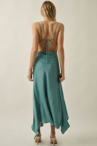 Silky Sashay Textured Satin Asymmetrical Midi Dress - ShopPromesa