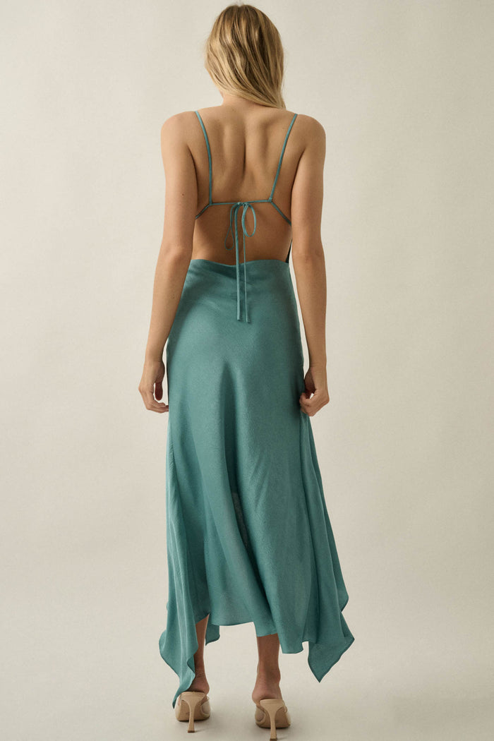 Silky Sashay Textured Satin Asymmetrical Midi Dress - ShopPromesa