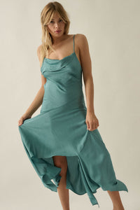 Silky Sashay Textured Satin Asymmetrical Midi Dress - ShopPromesa