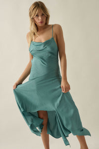 Silky Sashay Textured Satin Asymmetrical Midi Dress - ShopPromesa