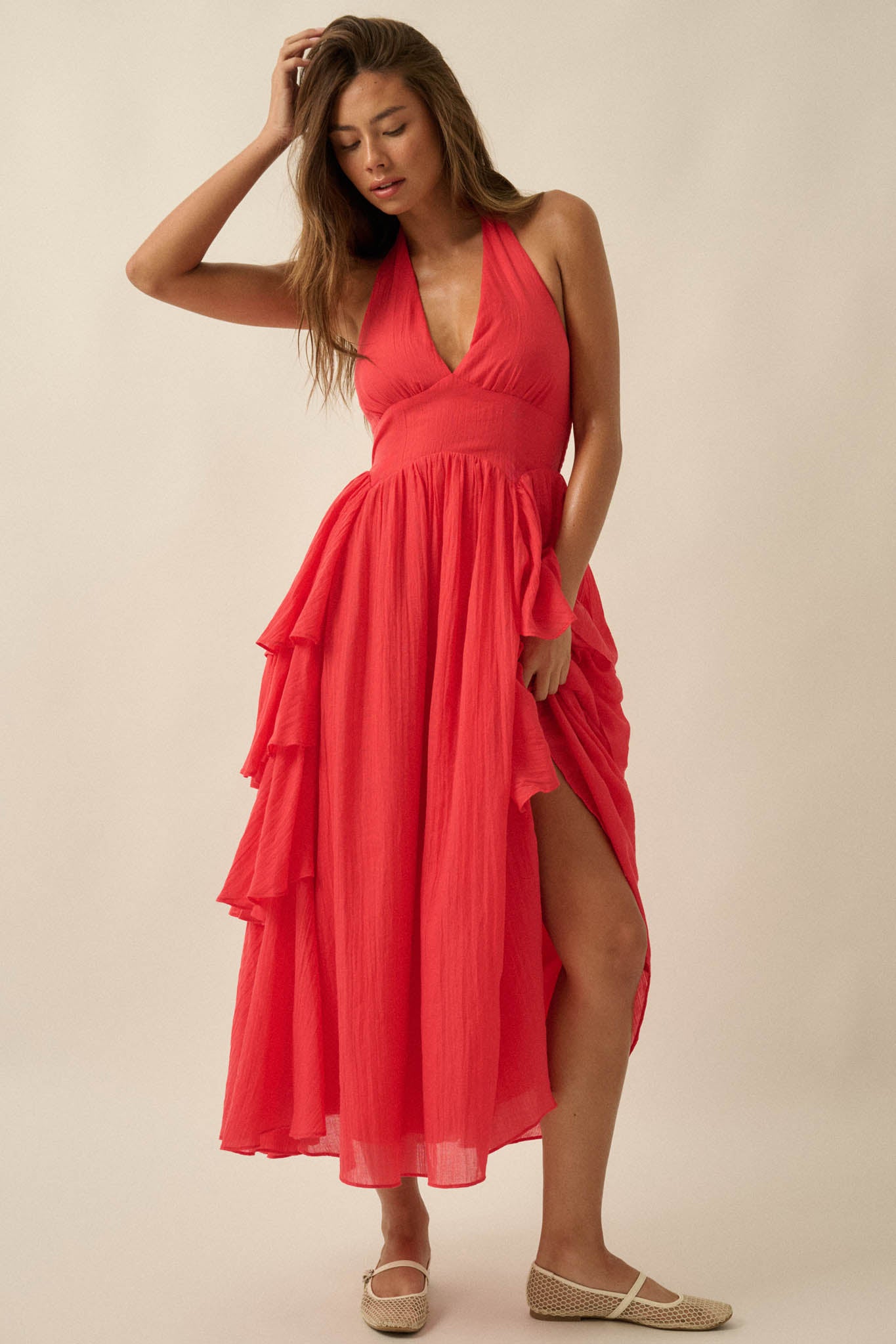 All Aflutter Gauze Tiered Ruffle Halter Maxi Dress - ShopPromesa