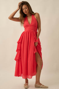 All Aflutter Gauze Tiered Ruffle Halter Maxi Dress - ShopPromesa