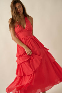 All Aflutter Gauze Tiered Ruffle Halter Maxi Dress - ShopPromesa