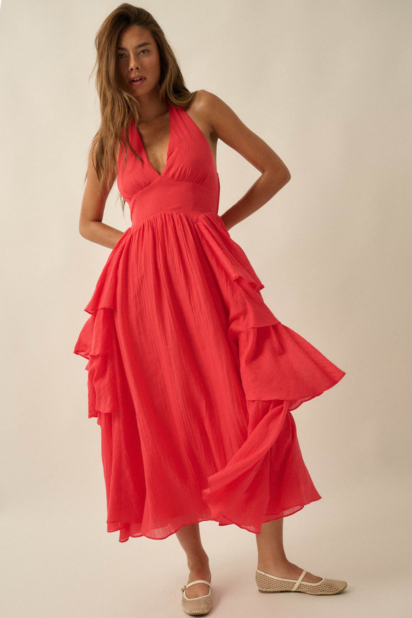 All Aflutter Gauze Tiered Ruffle Halter Maxi Dress - ShopPromesa