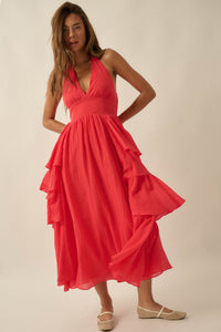 All Aflutter Gauze Tiered Ruffle Halter Maxi Dress - ShopPromesa