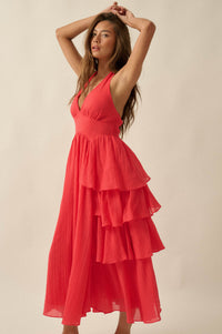 All Aflutter Gauze Tiered Ruffle Halter Maxi Dress - ShopPromesa