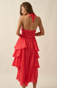 All Aflutter Gauze Tiered Ruffle Halter Maxi Dress - ShopPromesa