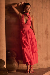 All Aflutter Gauze Tiered Ruffle Halter Maxi Dress - ShopPromesa