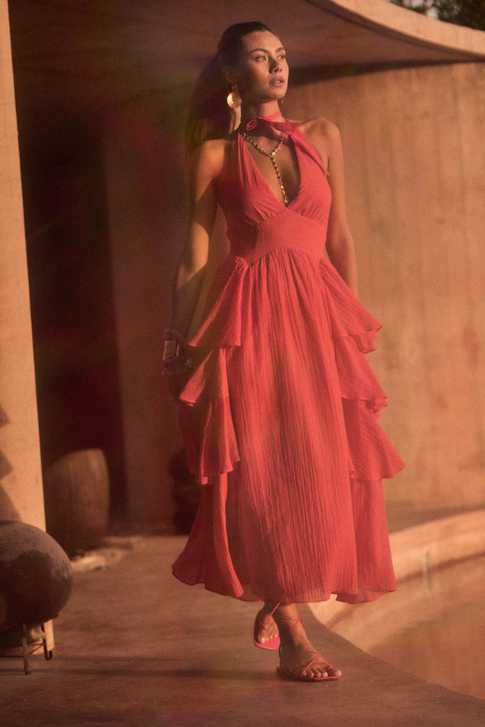 All Aflutter Gauze Tiered Ruffle Halter Maxi Dress - ShopPromesa