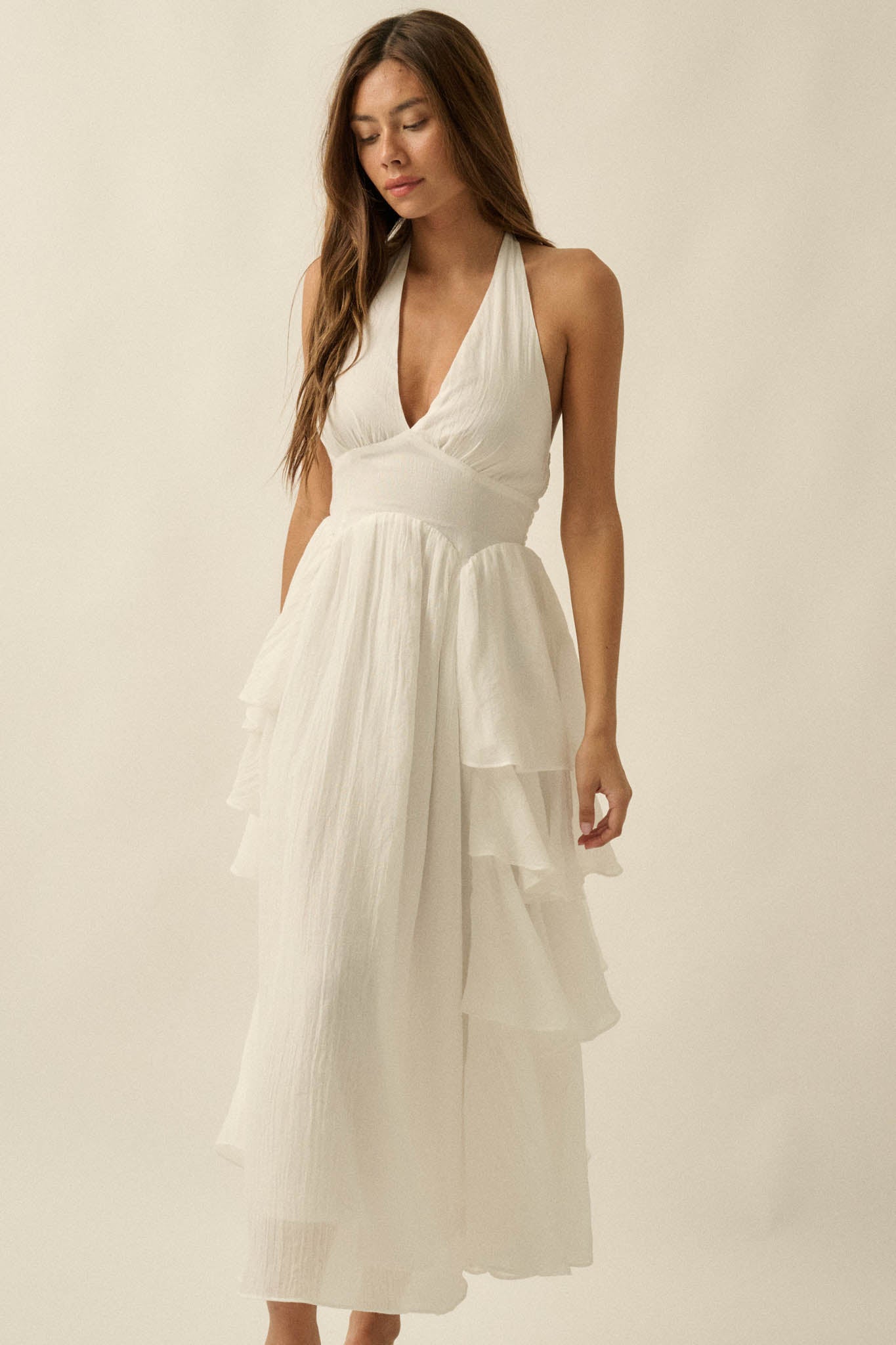 All Aflutter Gauze Tiered Ruffle Halter Maxi Dress - ShopPromesa