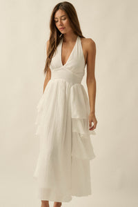 All Aflutter Gauze Tiered Ruffle Halter Maxi Dress - ShopPromesa