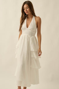 All Aflutter Gauze Tiered Ruffle Halter Maxi Dress - ShopPromesa