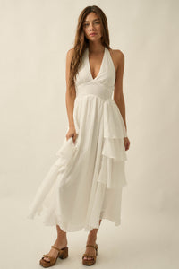 All Aflutter Gauze Tiered Ruffle Halter Maxi Dress - ShopPromesa