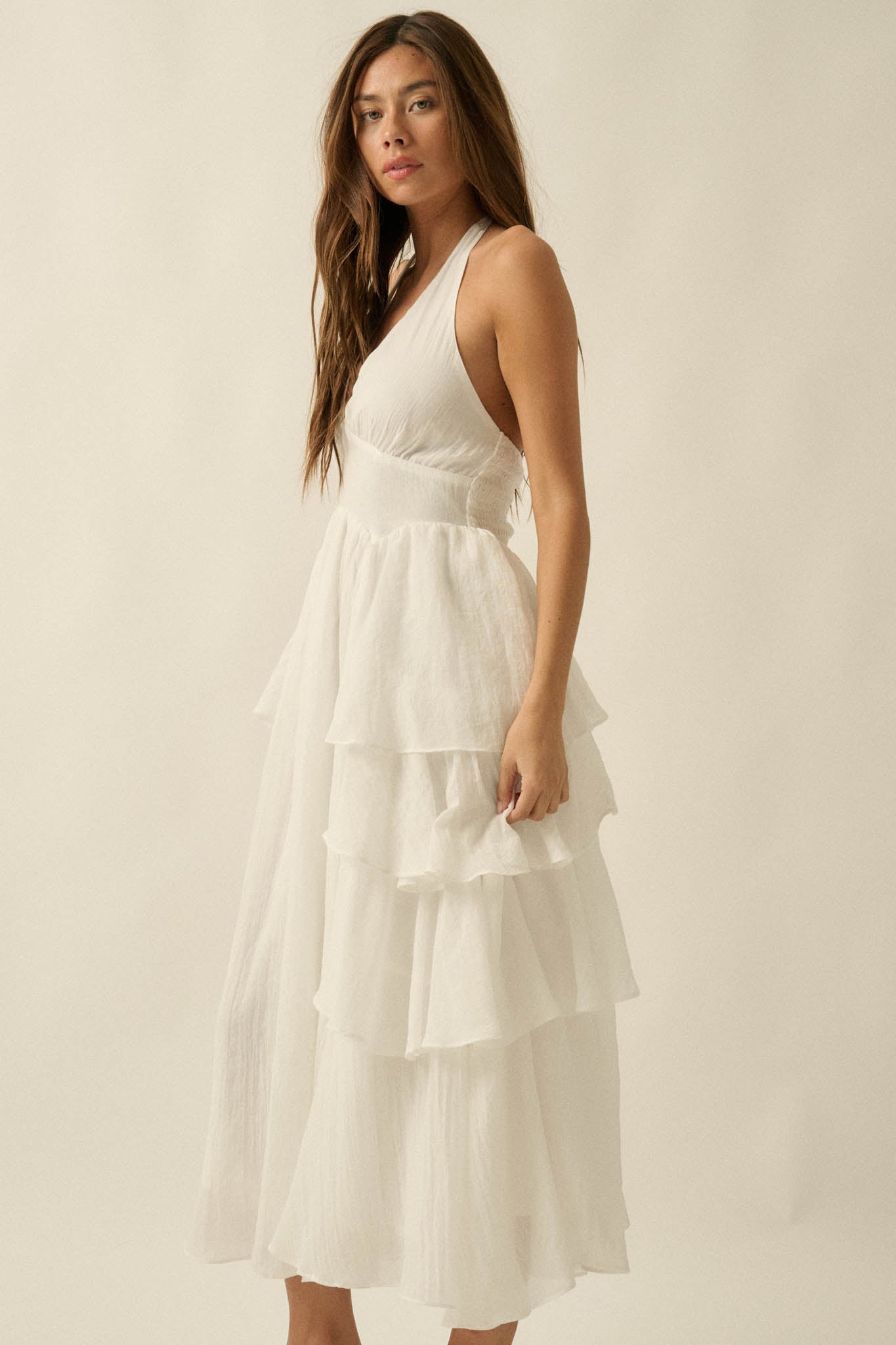 All Aflutter Gauze Tiered Ruffle Halter Maxi Dress - ShopPromesa