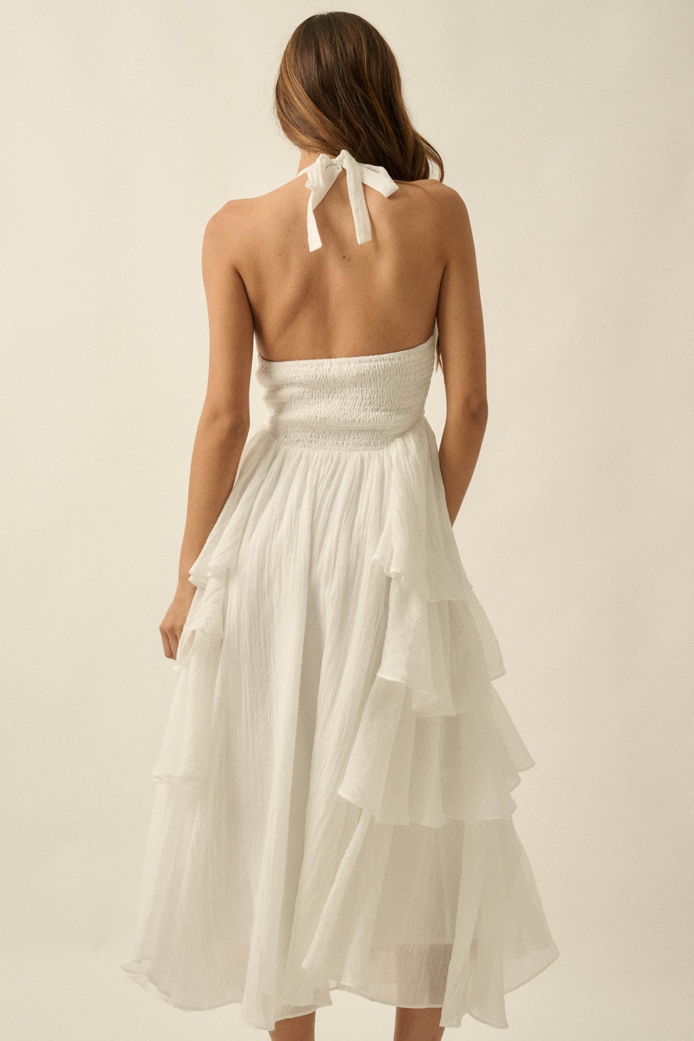 All Aflutter Gauze Tiered Ruffle Halter Maxi Dress - ShopPromesa