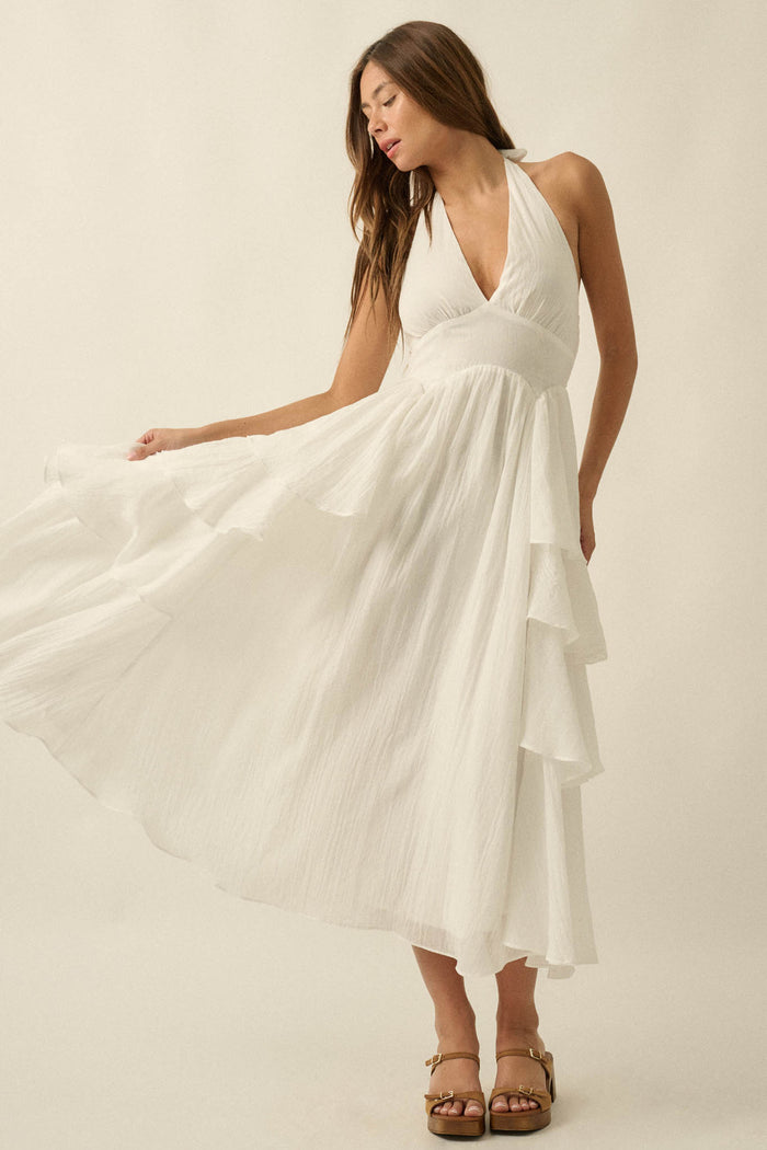 All Aflutter Gauze Tiered Ruffle Halter Maxi Dress - ShopPromesa