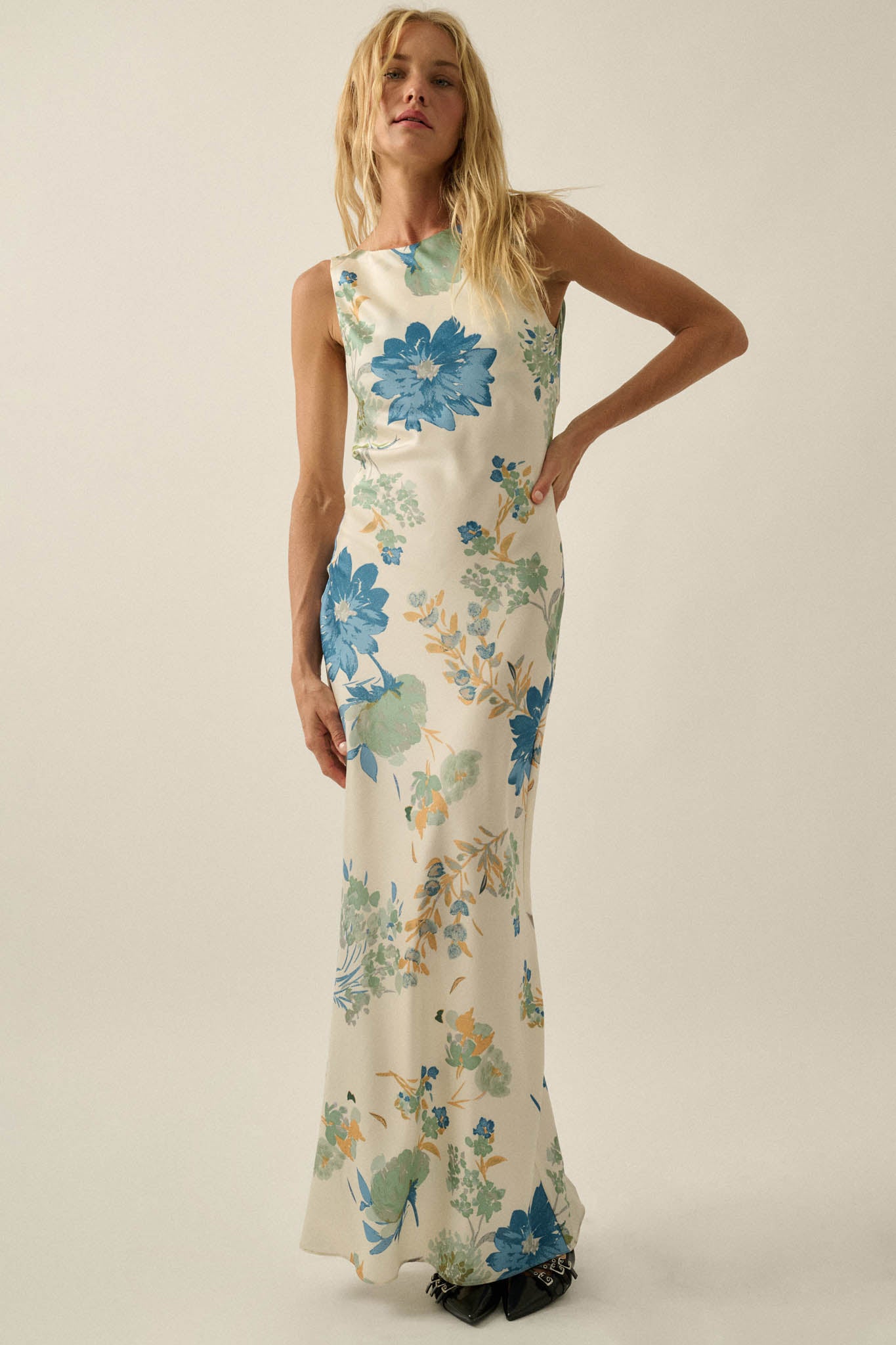Silky Petals Floral Satin Cowl-Back Maxi Dress - ShopPromesa