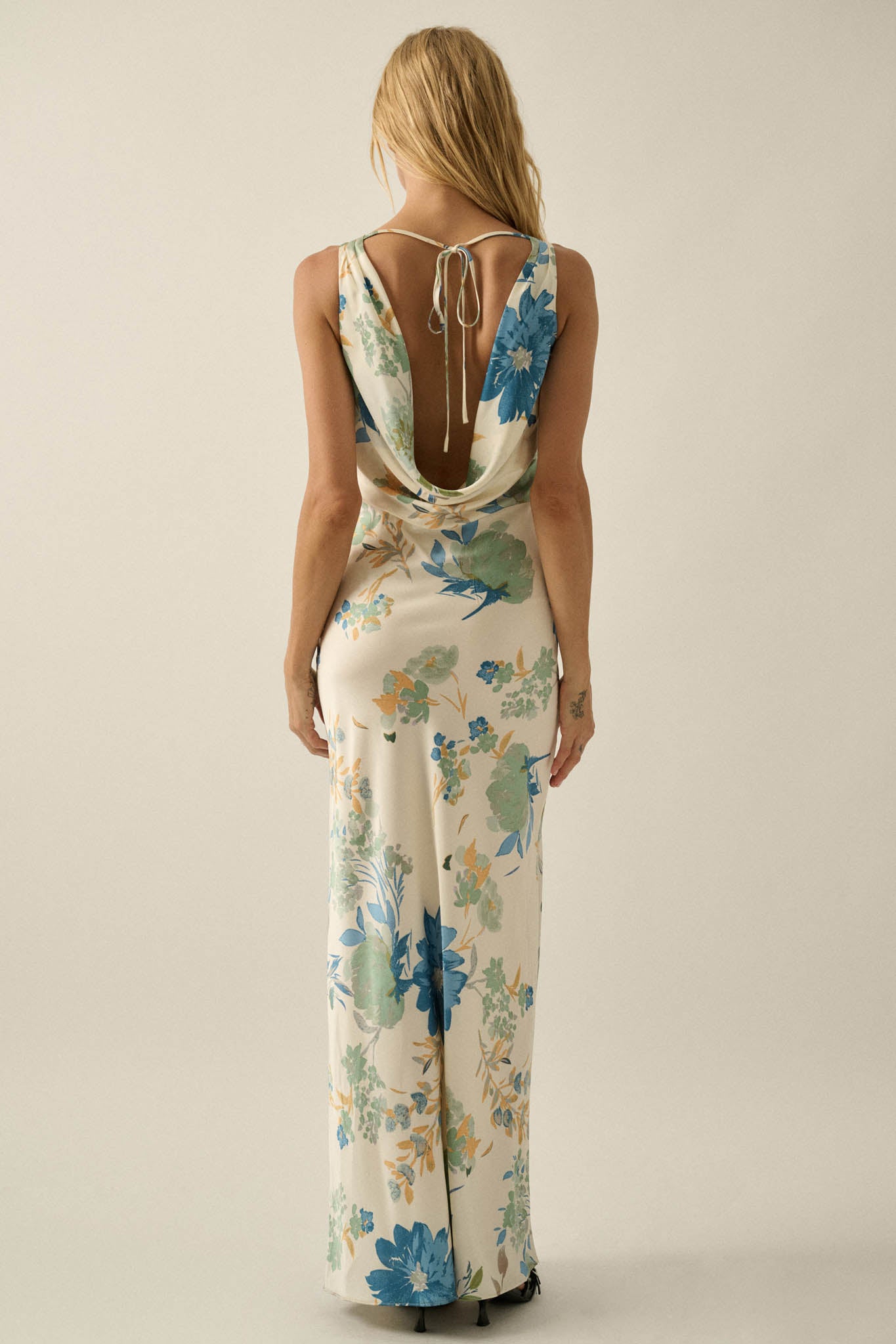 Silky Petals Floral Satin Cowl-Back Maxi Dress, Cream / L