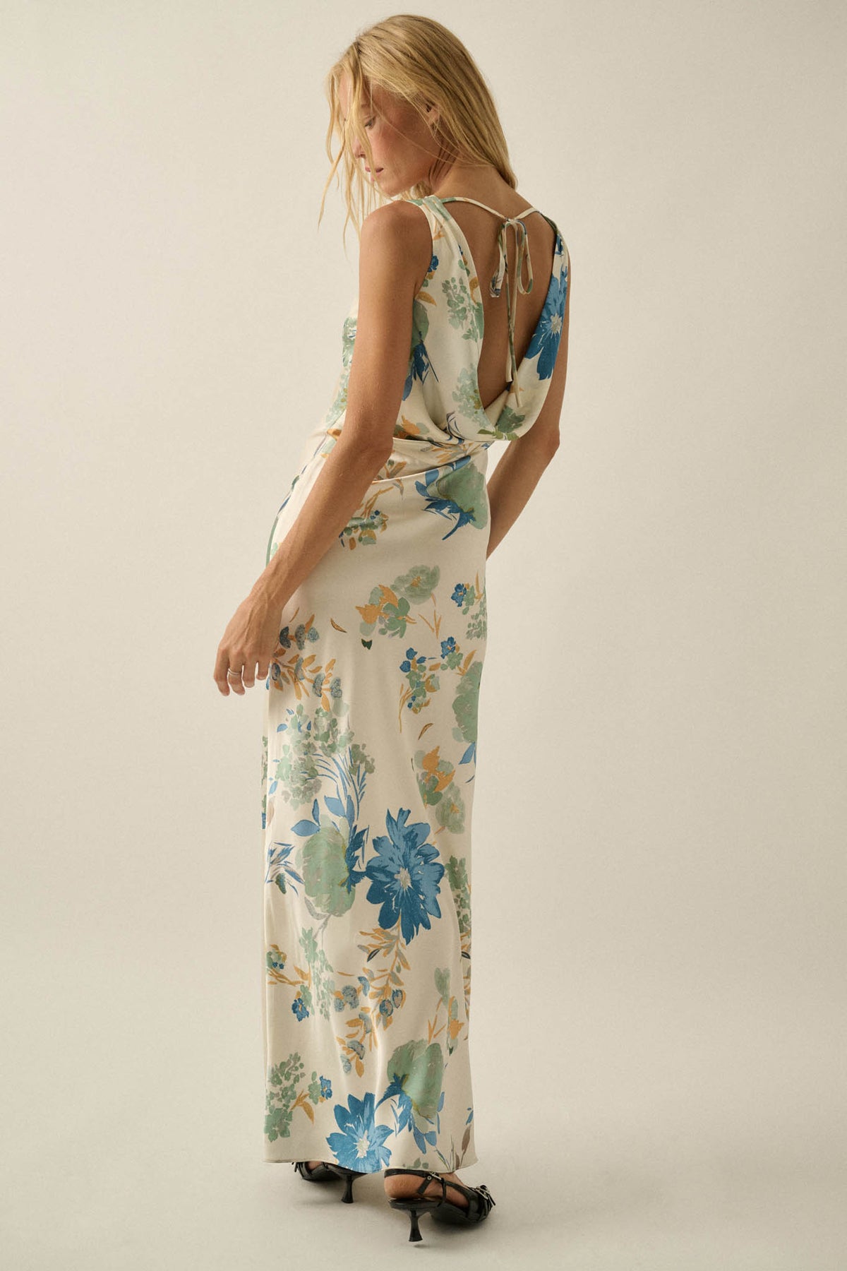 Silky Petals Floral Satin Cowl-Back Maxi Dress, Cream / L