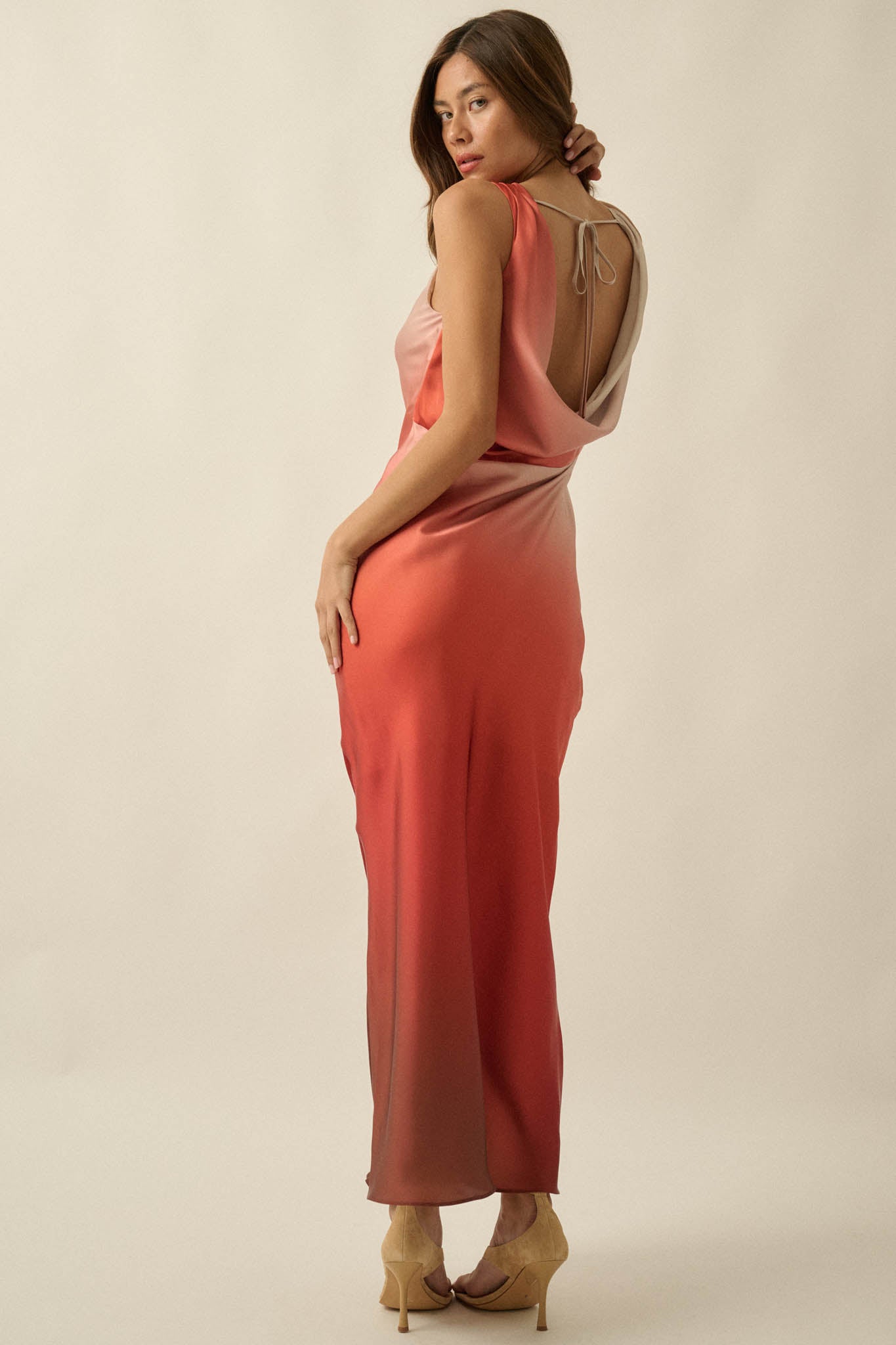 Glow Up Ombre Satin Cowl-Back Maxi Dress - ShopPromesa