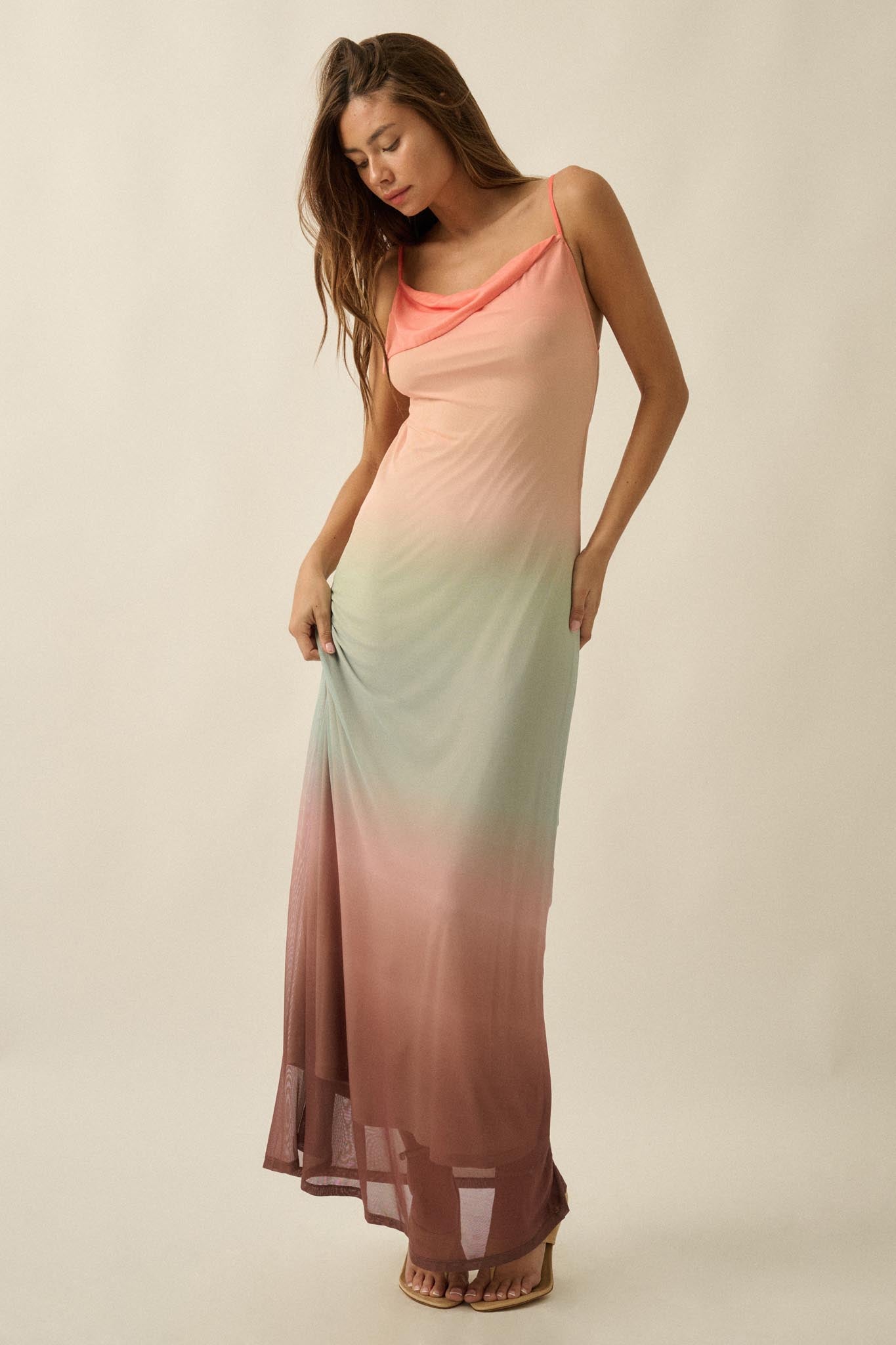 Sunset Symphony Ombre Mesh Cowl-Neck Maxi Dress - ShopPromesa
