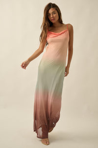 Sunset Symphony Ombre Mesh Cowl-Neck Maxi Dress - ShopPromesa