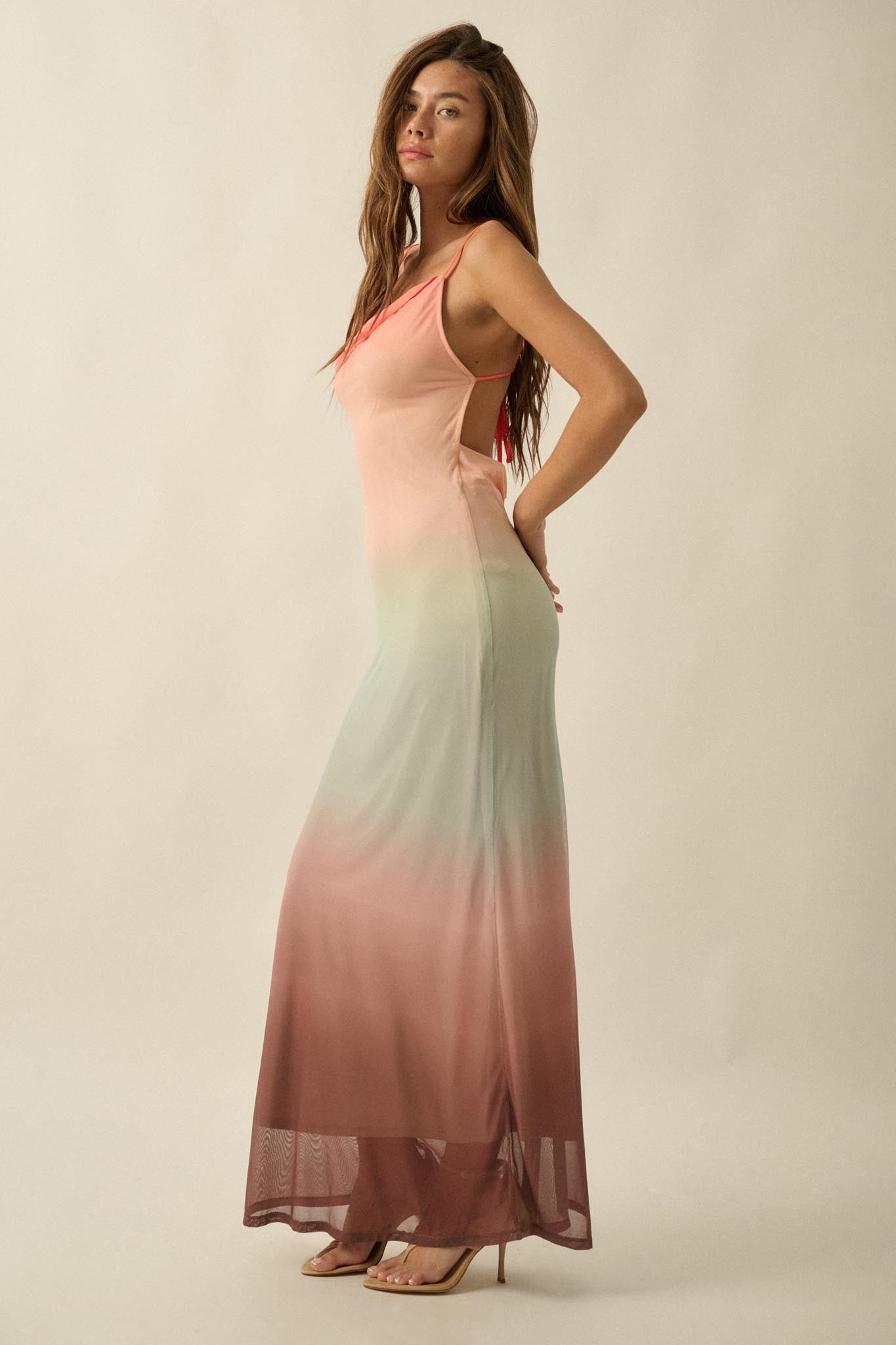 Sunset Symphony Ombre Mesh Cowl-Neck Maxi Dress - ShopPromesa