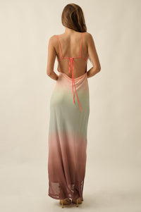 Sunset Symphony Ombre Mesh Cowl-Neck Maxi Dress - ShopPromesa