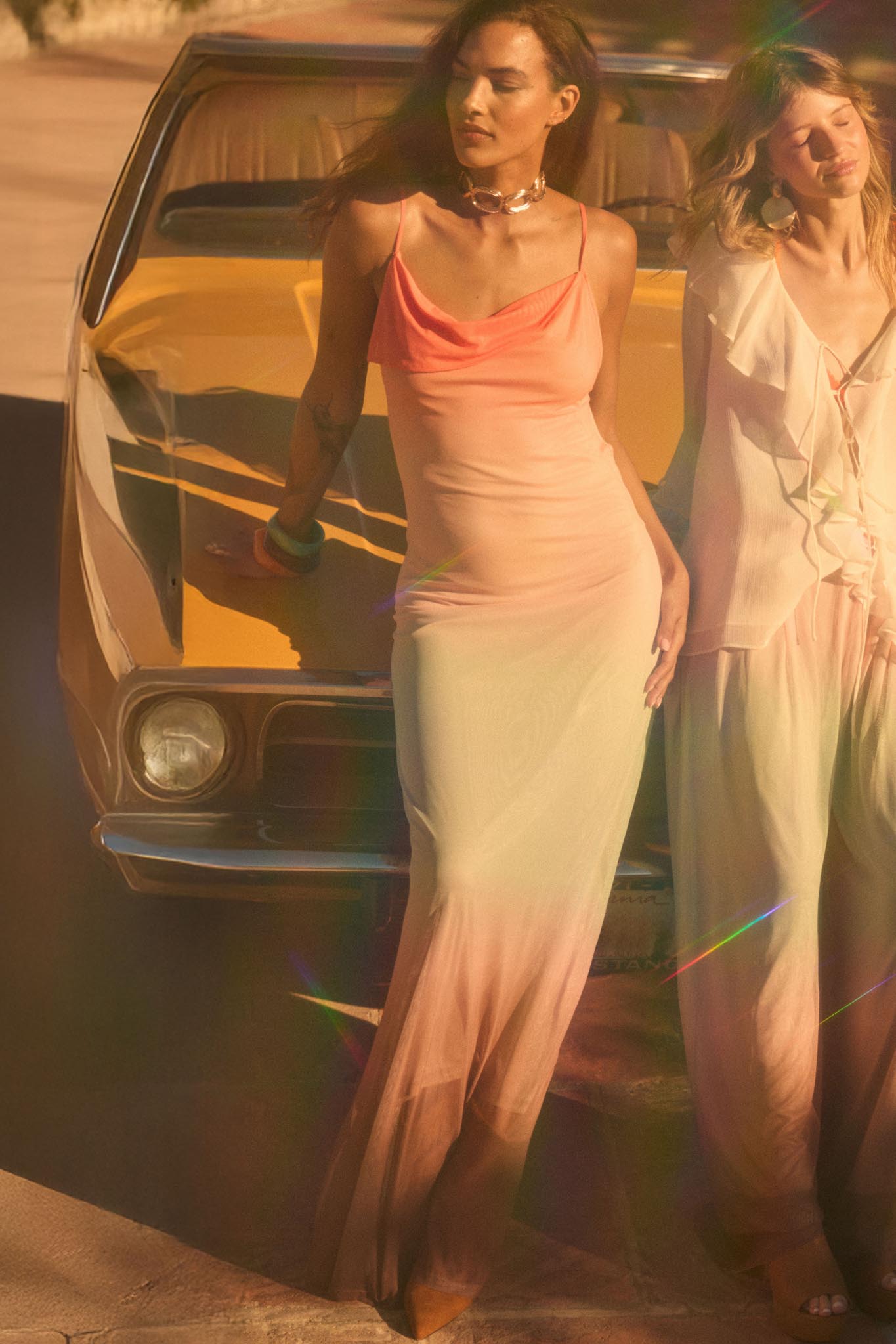 Sunset Symphony Ombre Mesh Cowl-Neck Maxi Dress - ShopPromesa