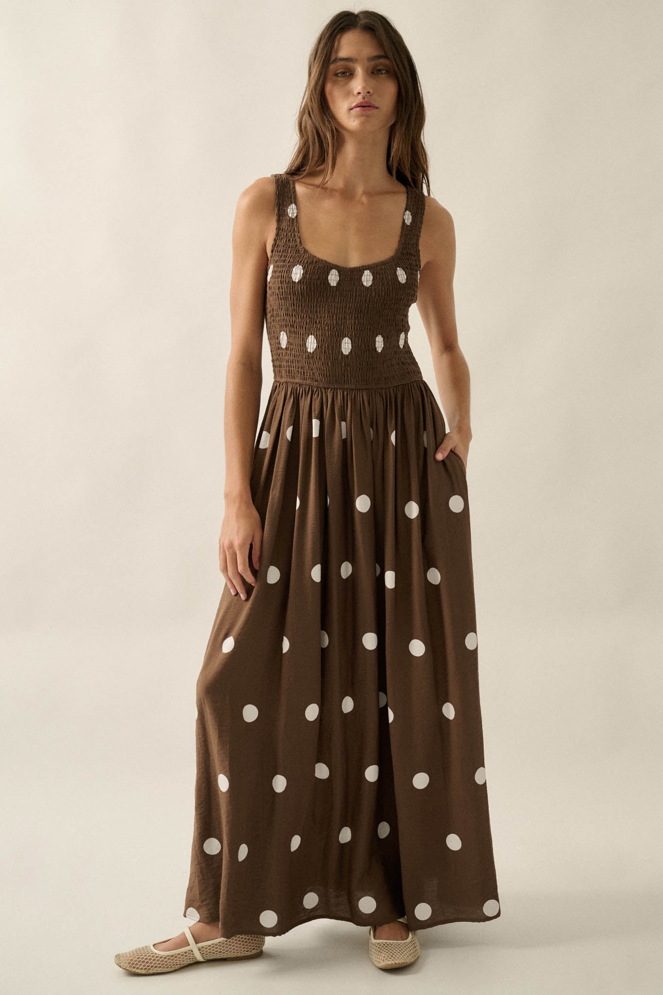 Soft Spot Polka Dot Smocked Square-Neck Maxi Dress - ShopPromesa