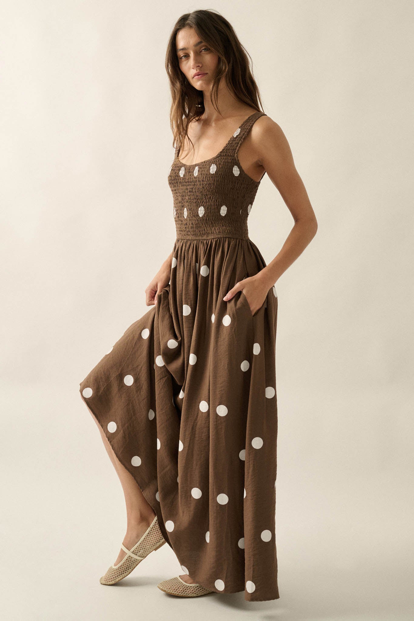 Soft Spot Polka Dot Smocked Square-Neck Maxi Dress - ShopPromesa